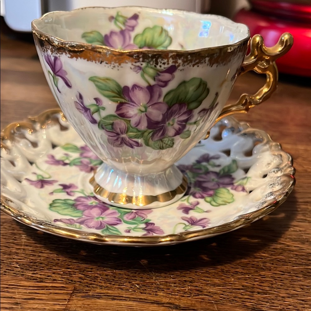 Floral Teacup and Saucer with Gold Accents